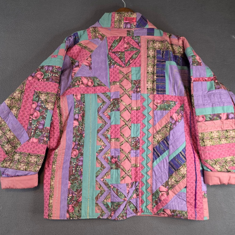 Handmade Quilted Patchwork Jacket Womens XL Pink Purple Teal Wearable Art Boho - Picture 6 of 12